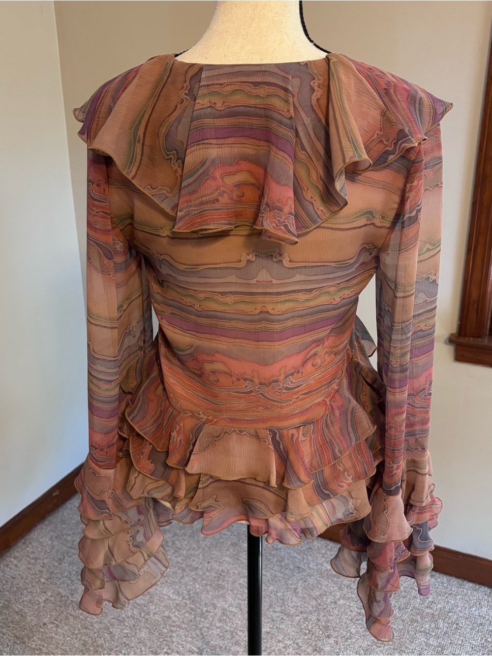 Ronny Kobo Collection Bohemian Mauve Multi-Stripe Ruffle Tie-Front Blouse Small - Picture 10 of 14